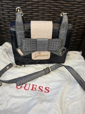 GUESS Two-Tone Croc-Embossed Bow Satchel in Black and Cream